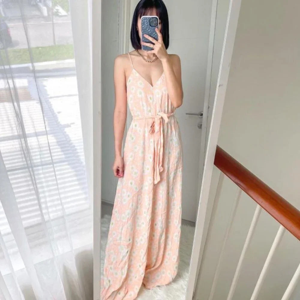 Zara Floral Daisy Wide Leg Tie Belt Flowy Jumpsuit Peach Bloggers Fav Sz Small